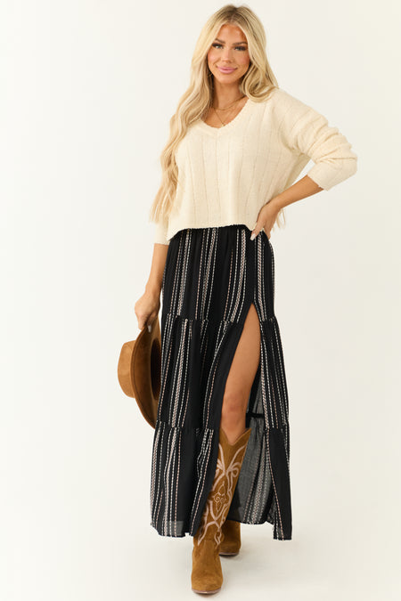 Black Tiered Striped High Side Slit Maxi Skirt