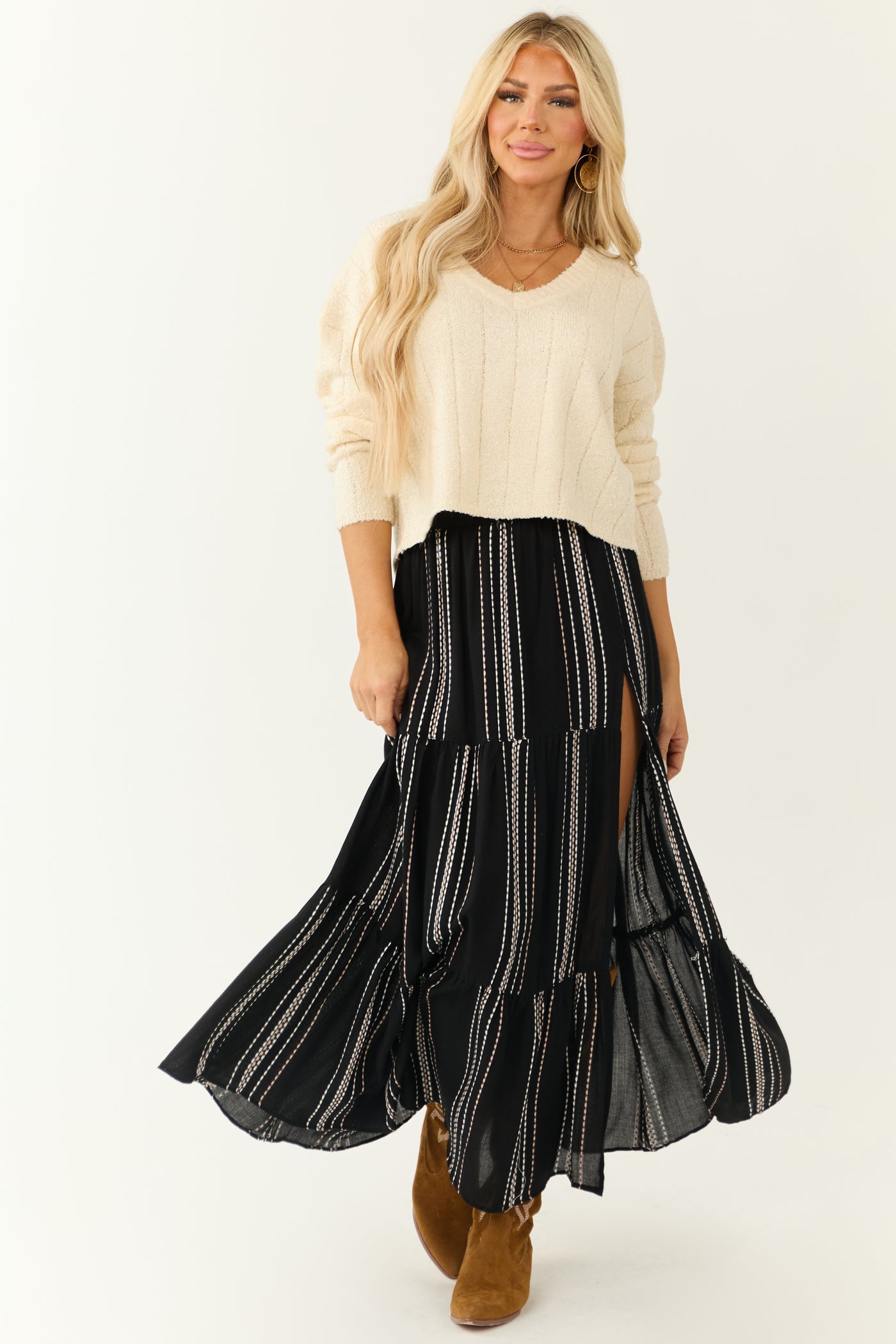 Black Tiered Striped High Side Slit Maxi Skirt