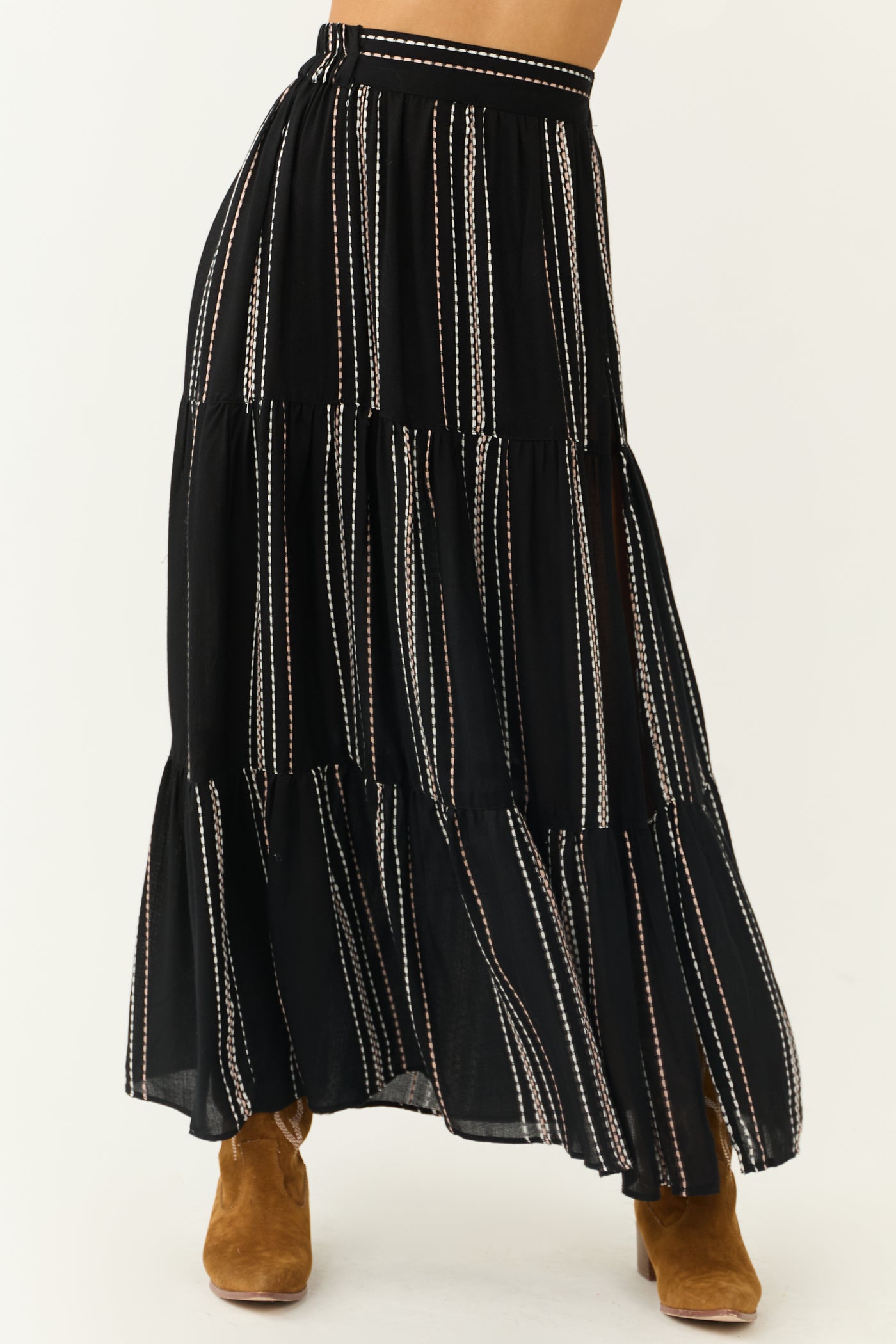 Black Tiered Striped High Side Slit Maxi Skirt