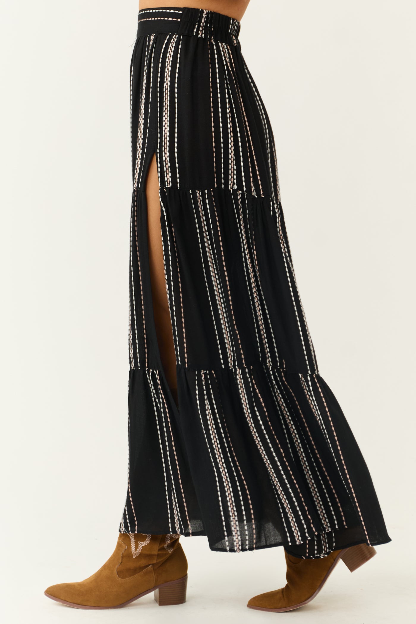 Black Tiered Striped High Side Slit Maxi Skirt