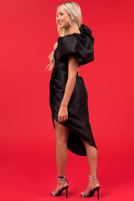 Black Tulip Hem Puff Sleeve Midi Dress