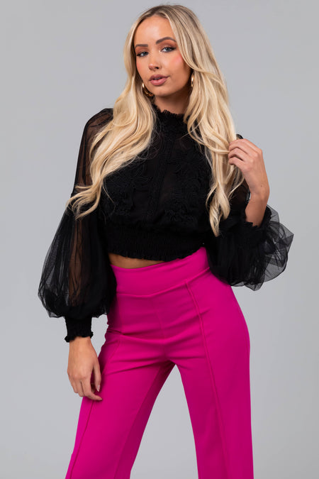 Black Tulle Puff Sleeve Crochet Lace Crop Top