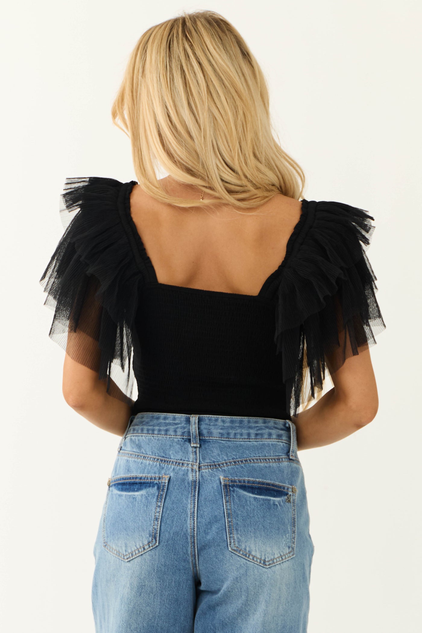 Black Tulle Ruffle Sleeve Bodysuit