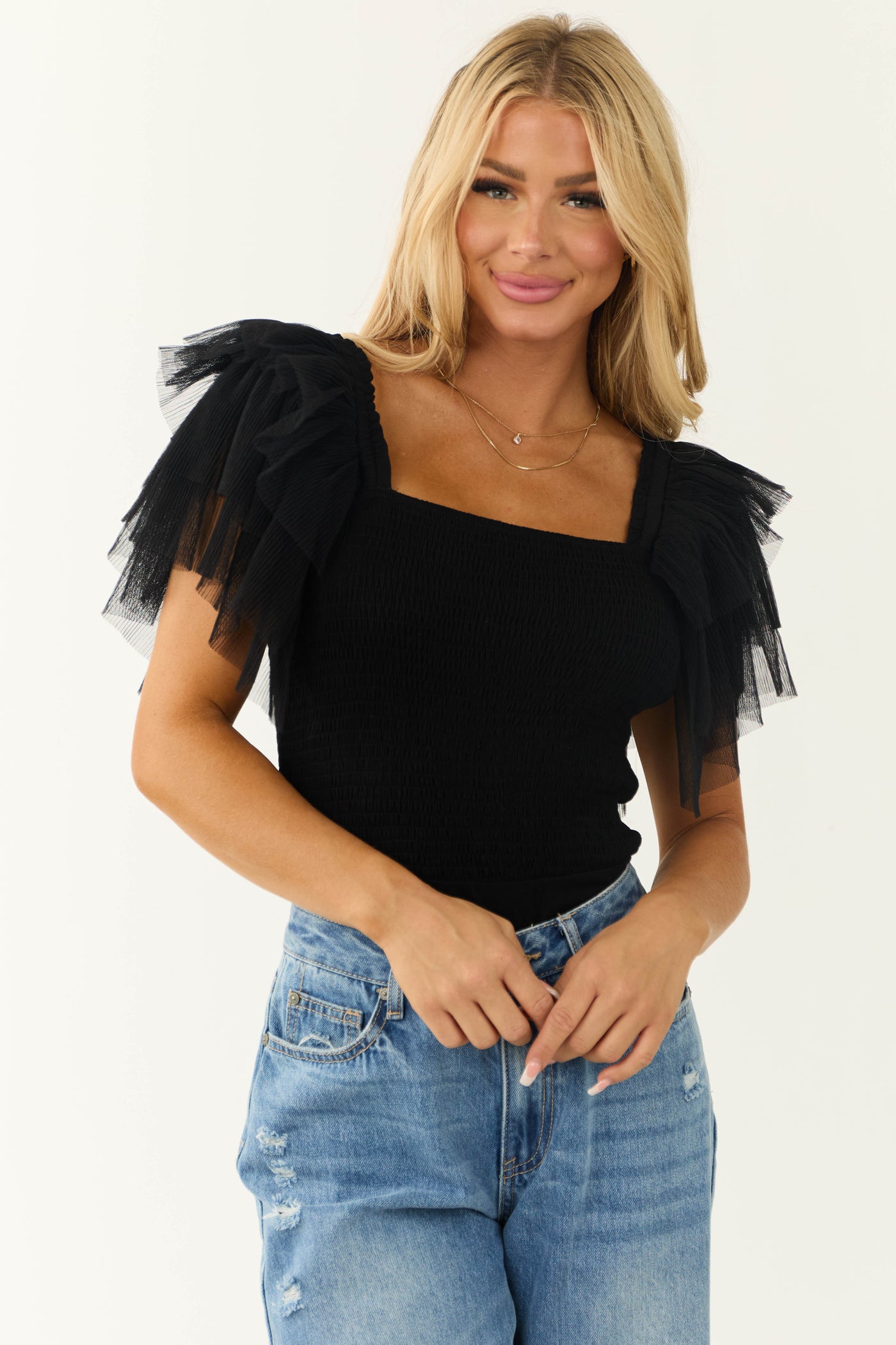 Black Tulle Ruffle Sleeve Bodysuit