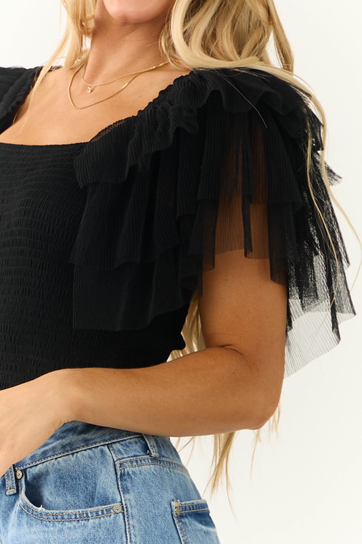 Black Tulle Ruffle Sleeve Bodysuit