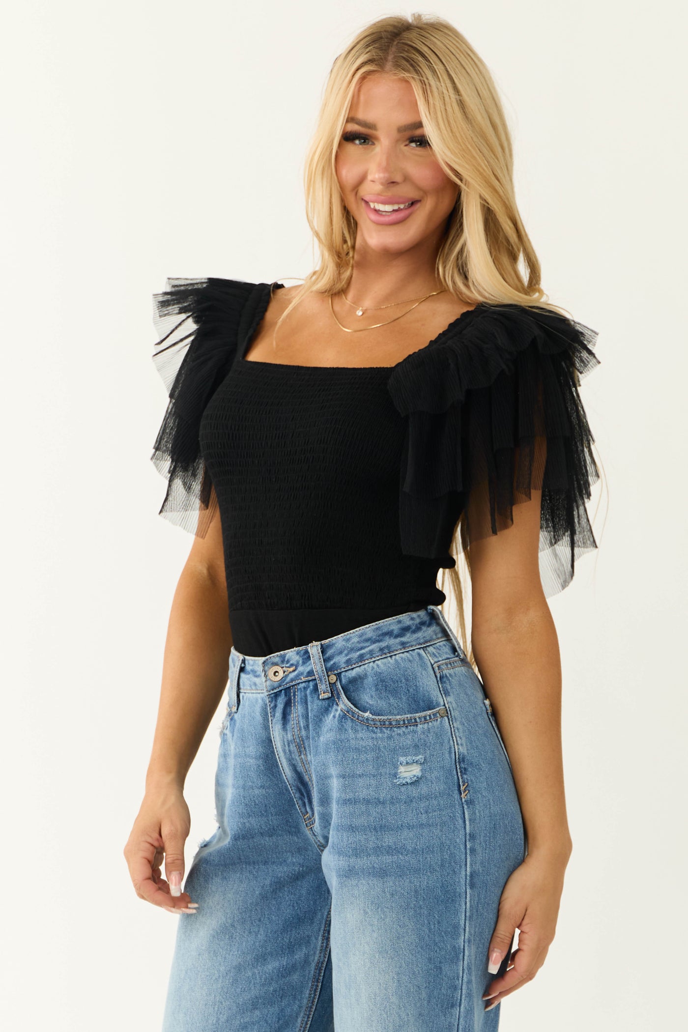 Black Tulle Ruffle Sleeve Bodysuit