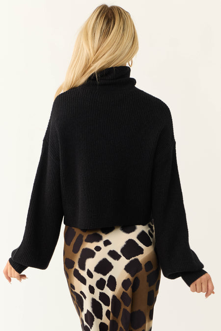 Black Turtleneck Cropped Bubble Sleeve Sweater