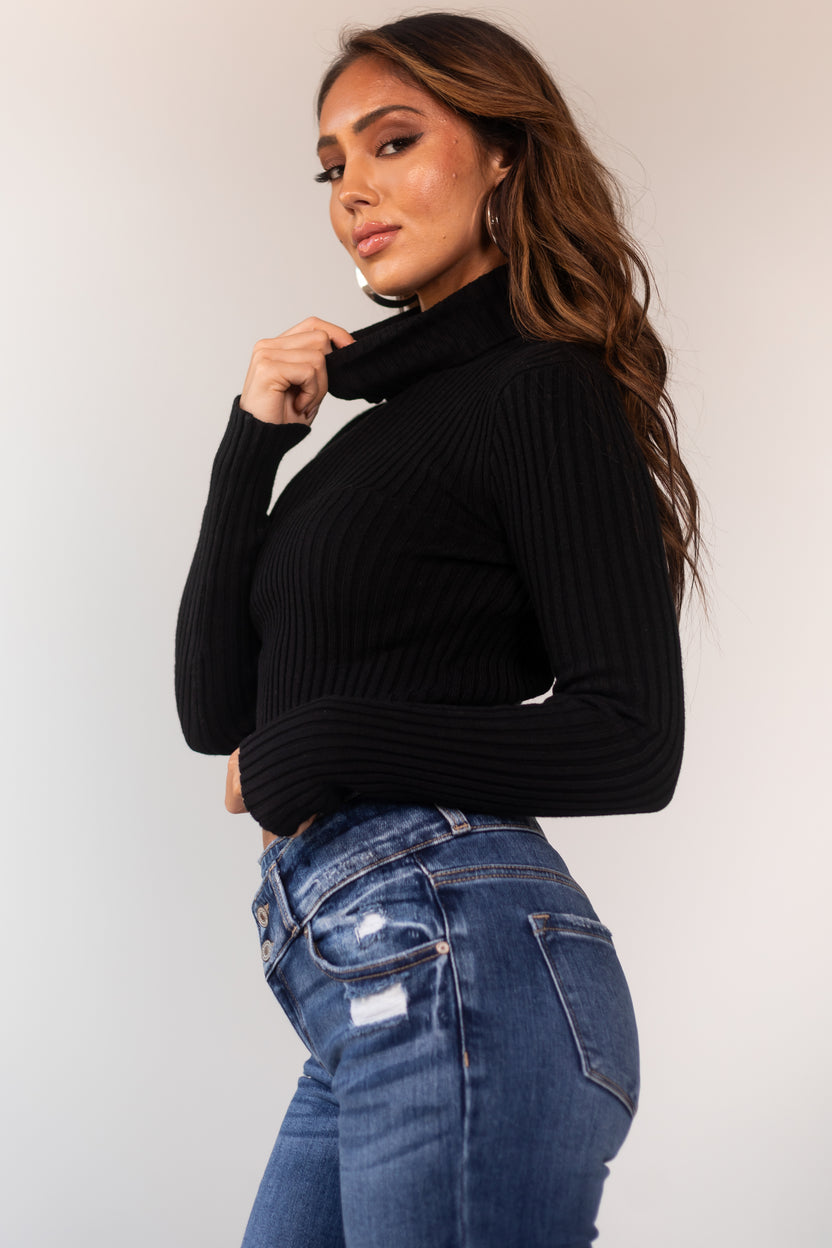 Black Turtleneck Cropped Ribbed Sweater