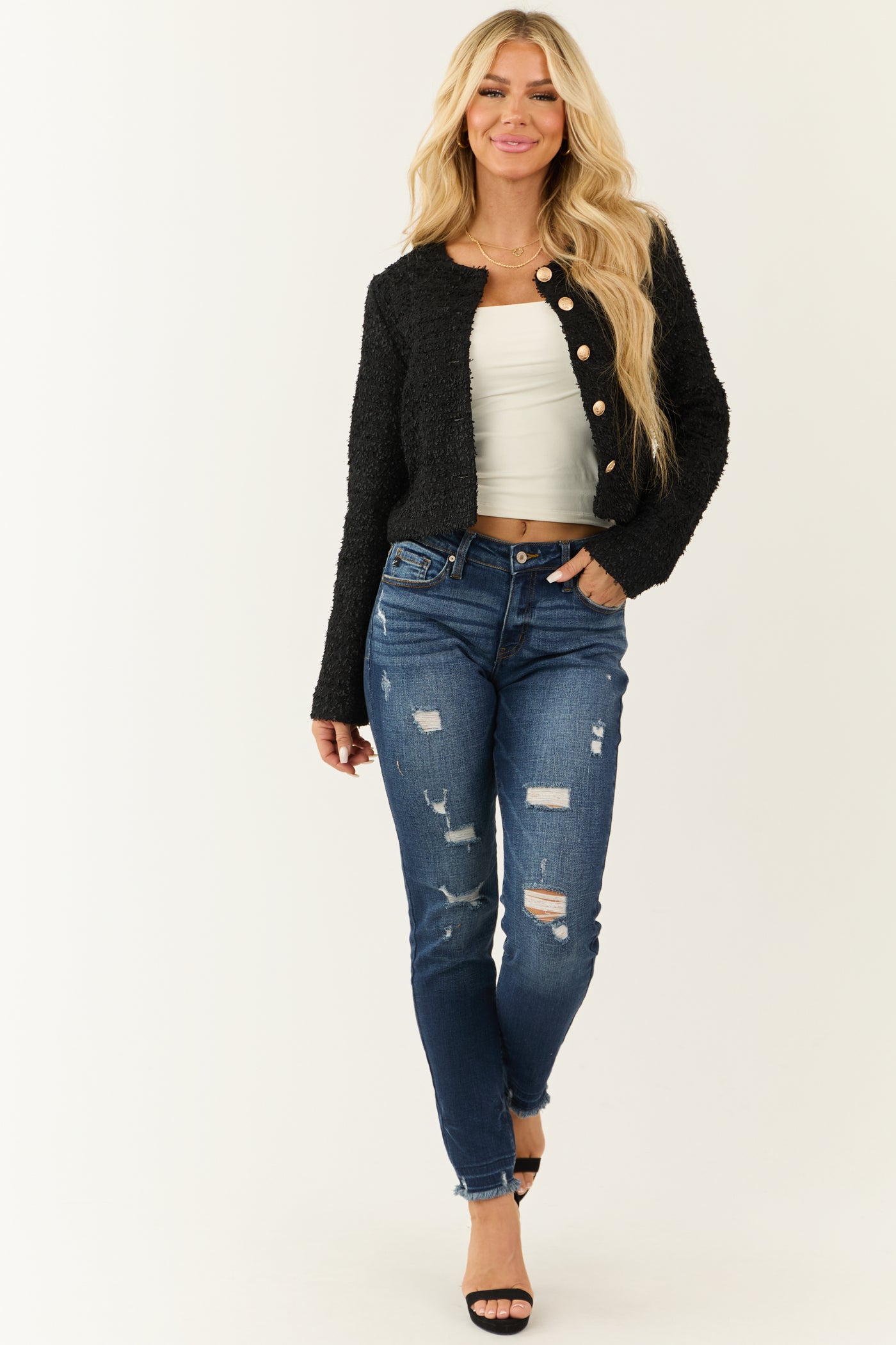 Black Tweed Button Down Long Sleeve Jacket