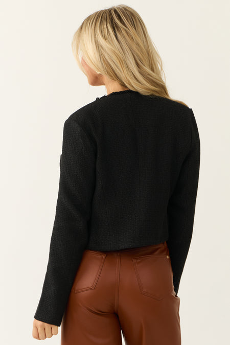 Black Tweed Cropped Button Long Sleeve Jacket