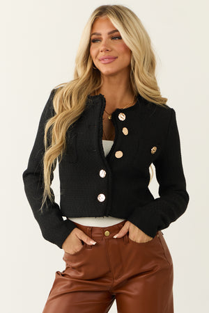 Black Tweed Cropped Button Long Sleeve Jacket