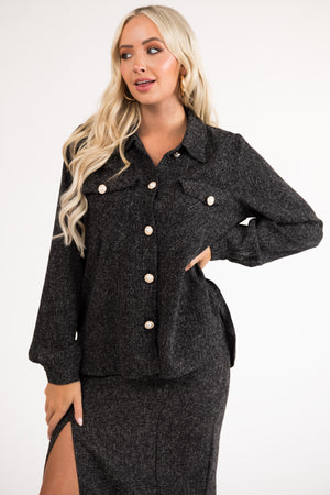 Black Tweed Embellished Button Light Shacket