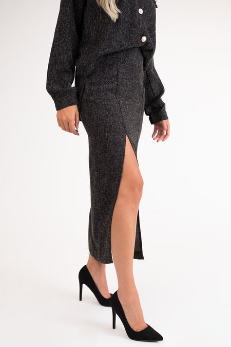 Black Tweed Knee Slit Midi Skirt