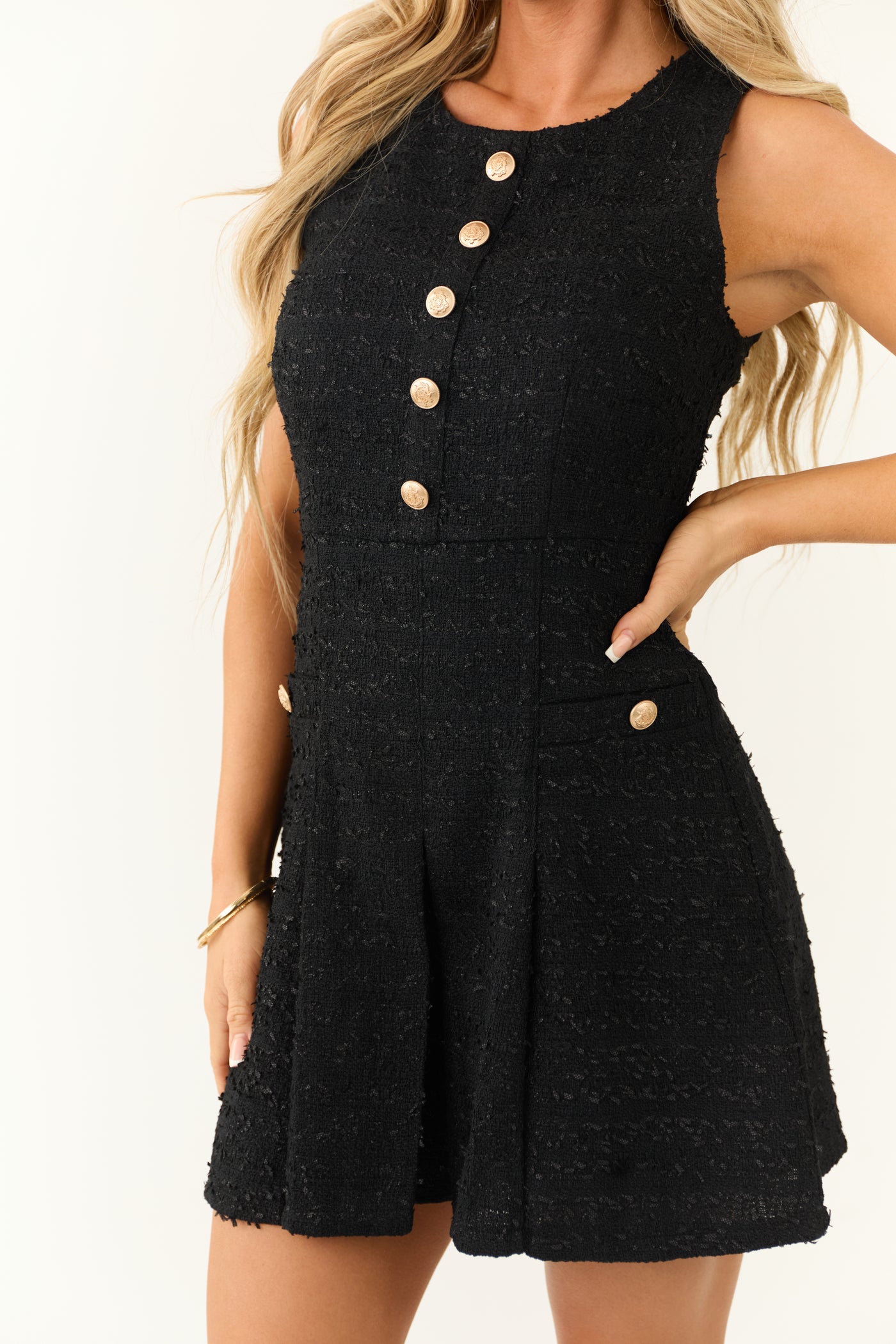 Black Tweed Sleeveless Pleated Short Dress