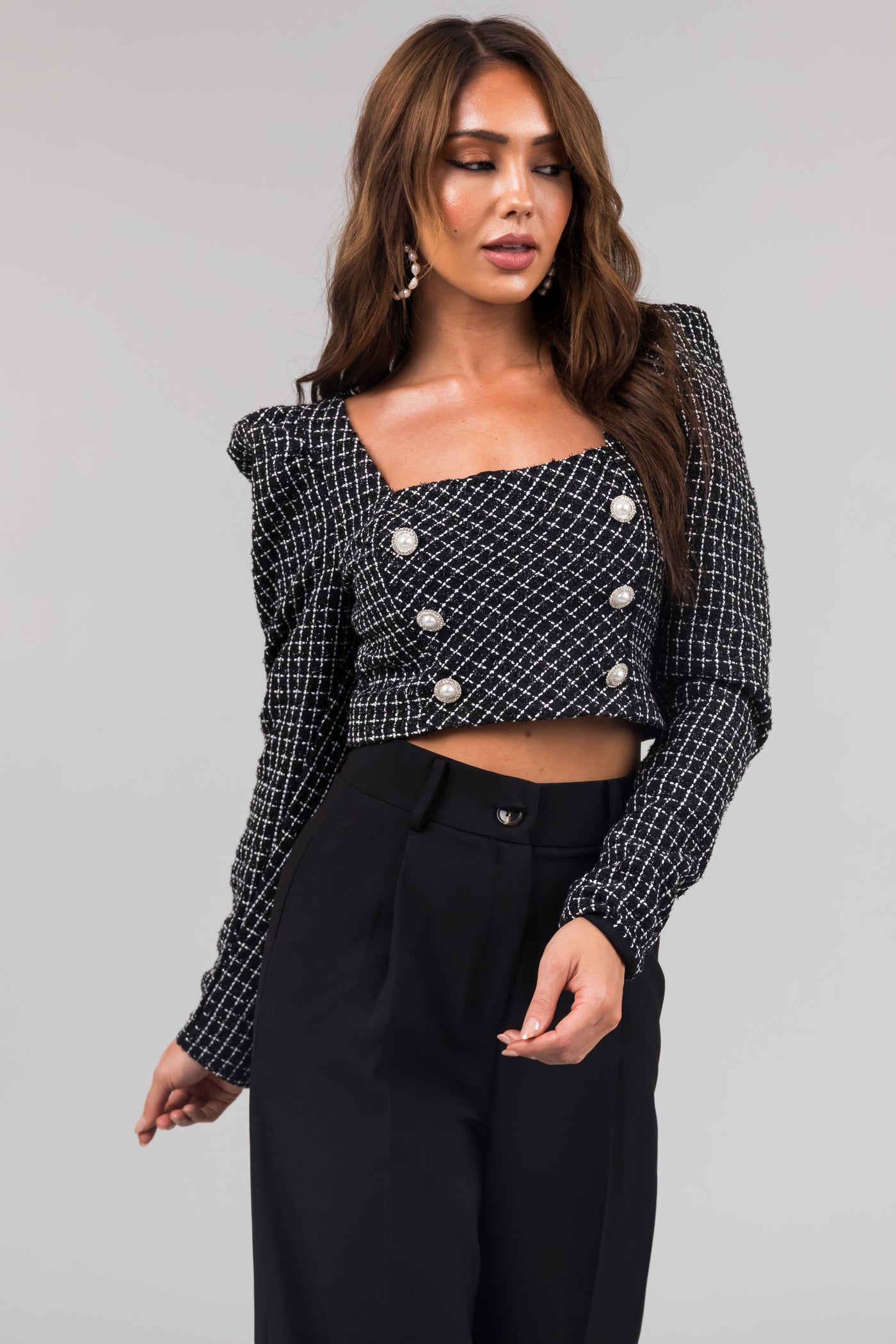 Black Tweed Square Neck Cropped Top