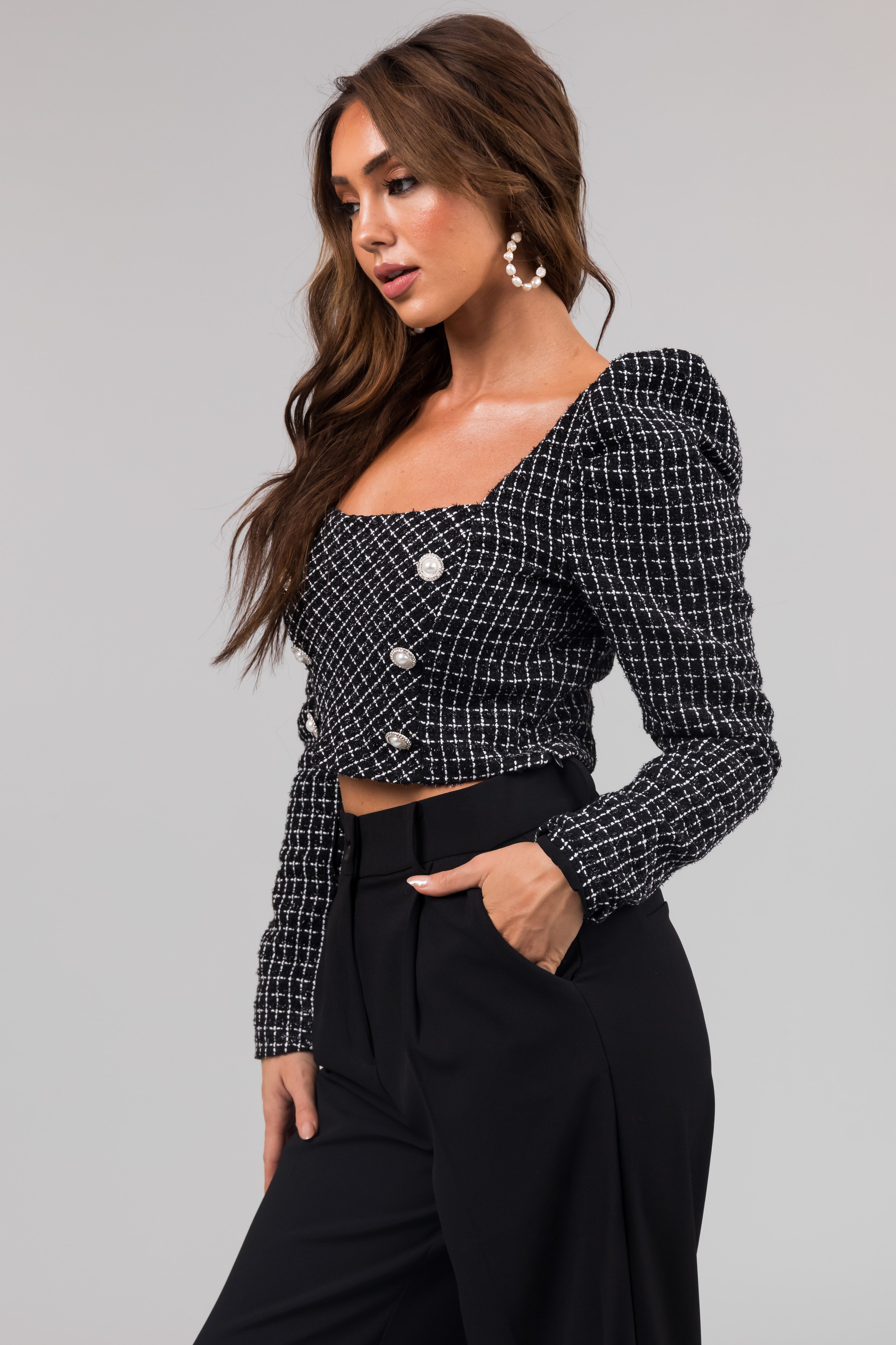 Black Tweed Square Neck Cropped Top