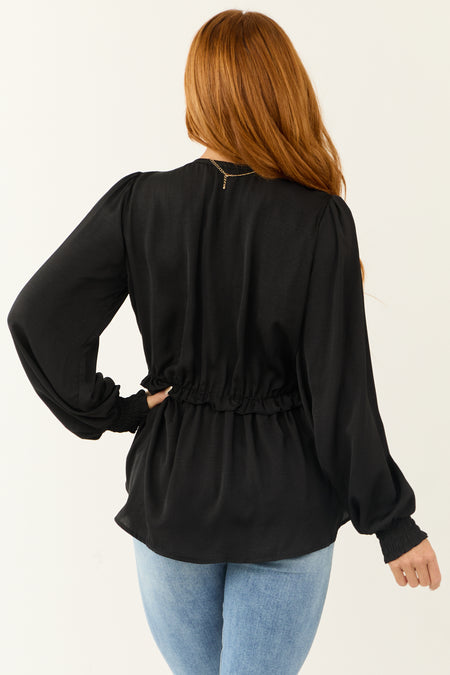 Black V Neck Babydoll Ruffle Long Sleeve Top