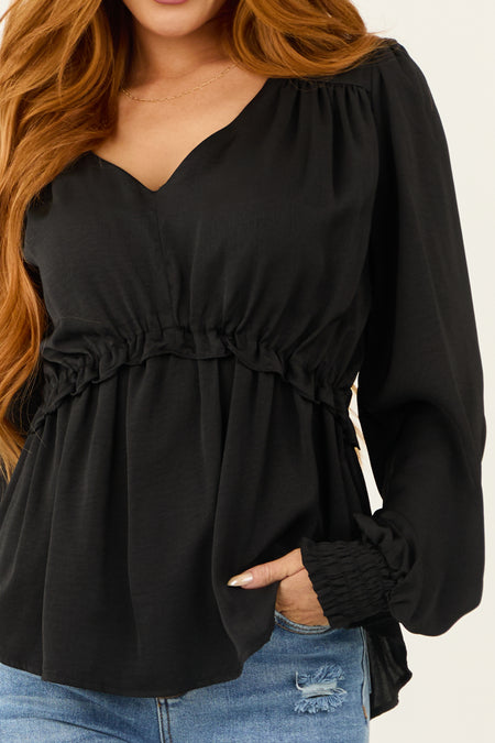 Black V Neck Babydoll Ruffle Long Sleeve Top