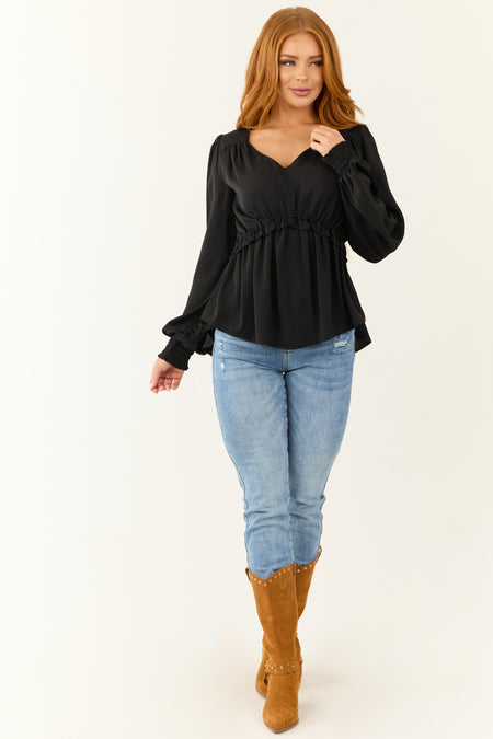 Black V Neck Babydoll Ruffle Long Sleeve Top