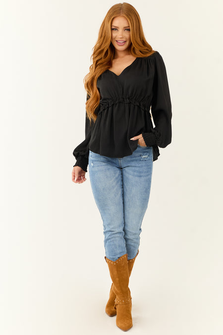 Black V Neck Babydoll Ruffle Long Sleeve Top