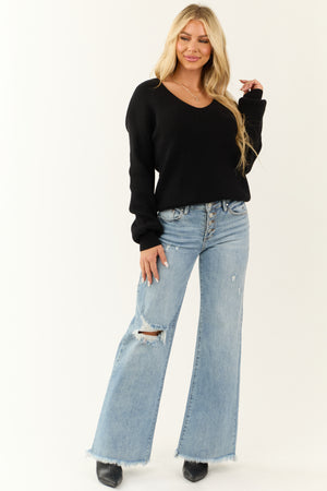 Black V Neck Back Tie Puff Long Sleeve Sweater