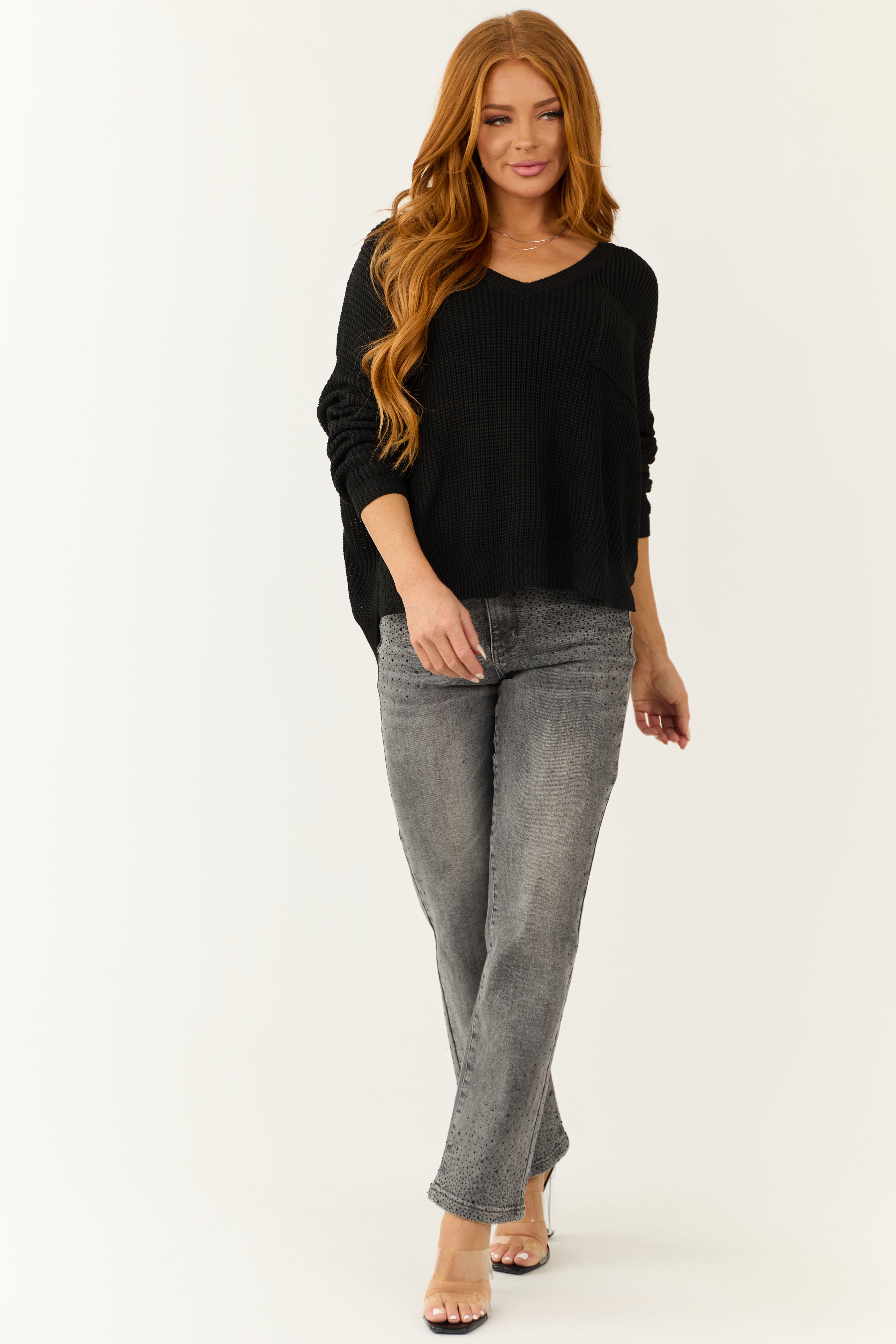 Black V Neck Chest Pocket Knit Sweater