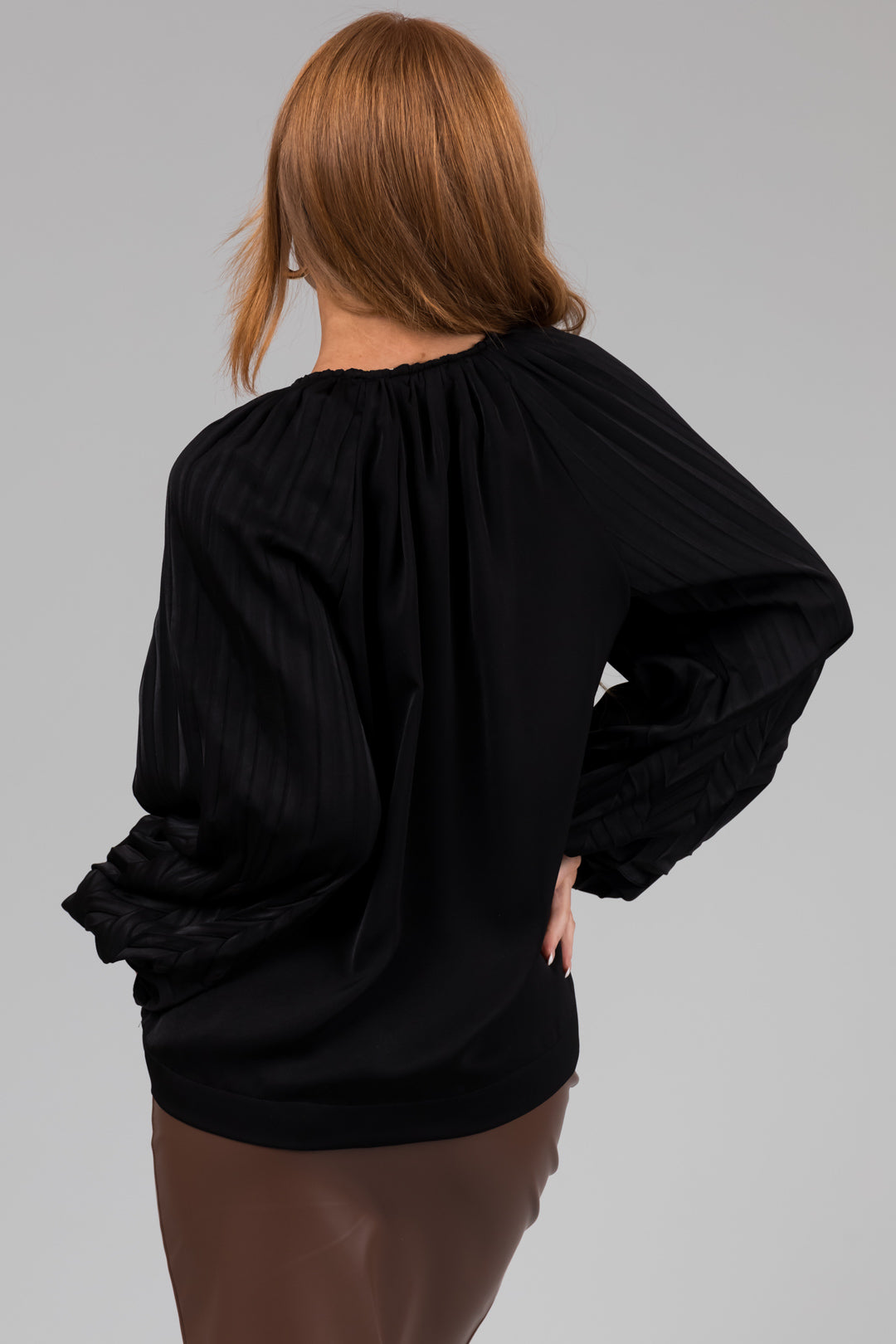 Black V Neck Pleated Detail Long Sleeve Top