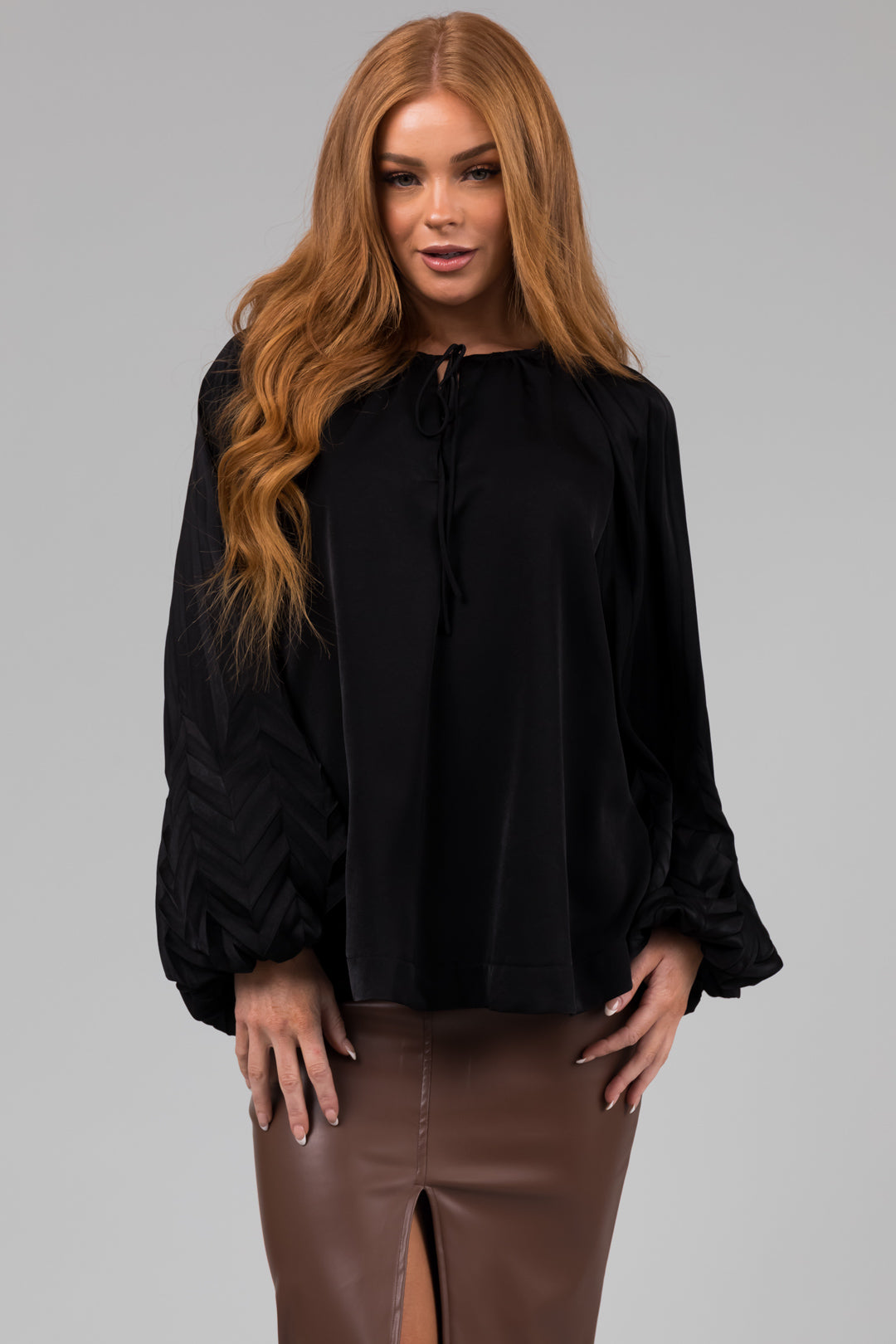 Black V Neck Pleated Detail Long Sleeve Top