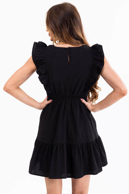 Black V Neck Ruffle Sleeve Short Dress