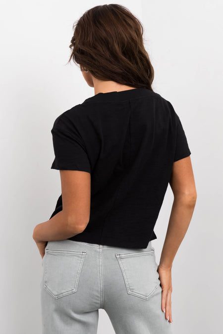 Black V Neck Short Sleeve Cropped Tee