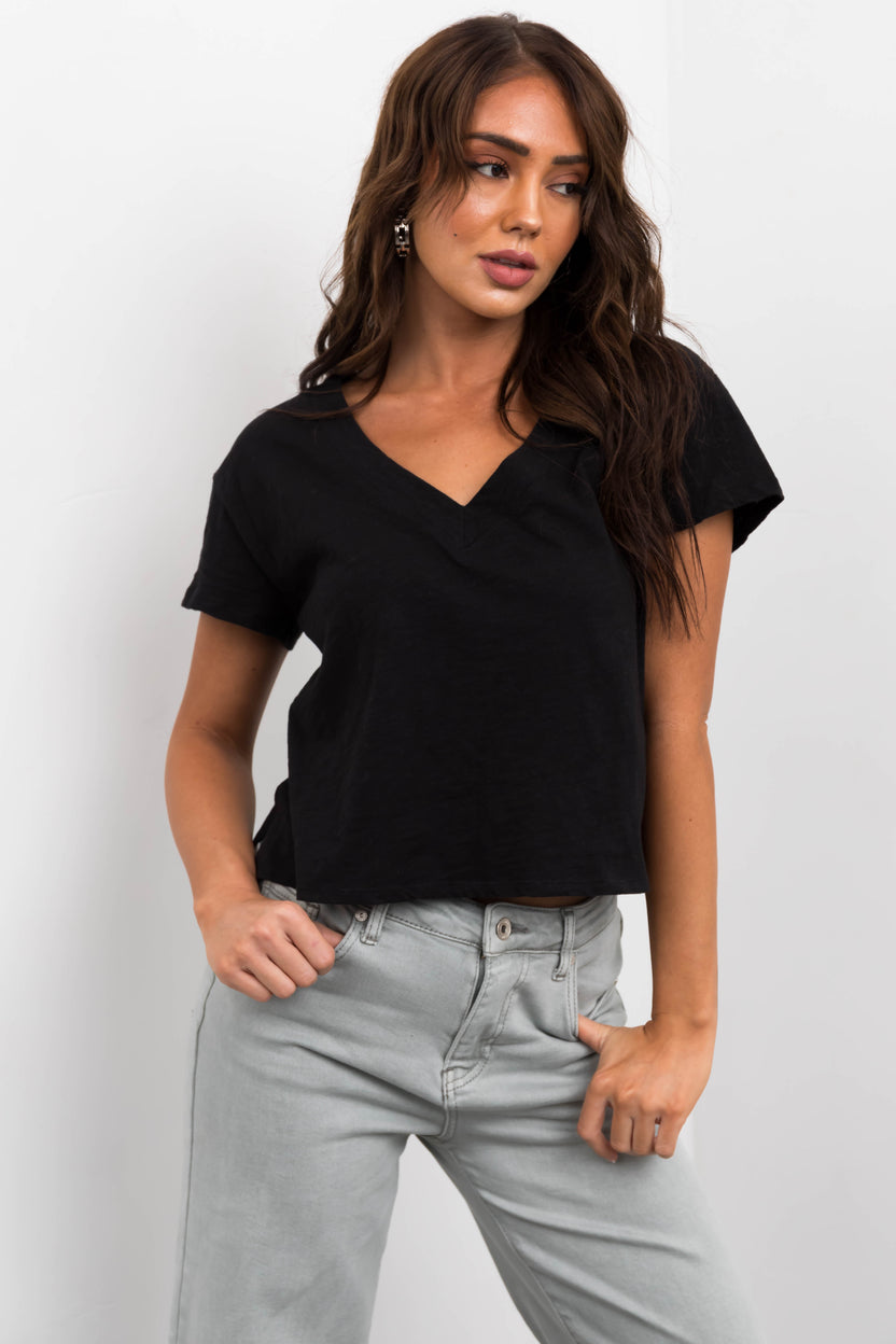 Black V Neck Short Sleeve Cropped Tee