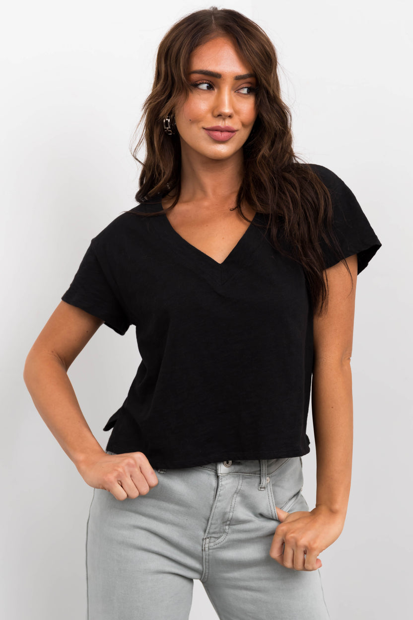 Black V Neck Short Sleeve Cropped Tee