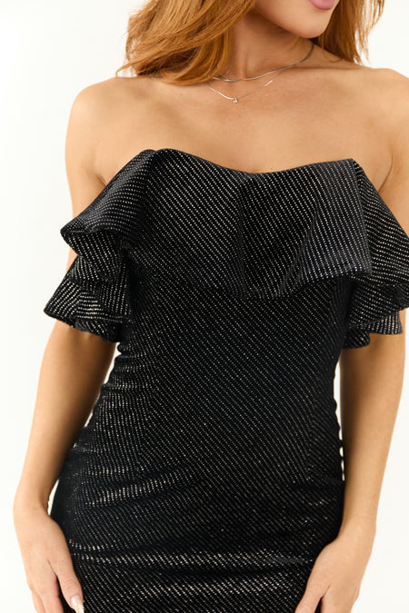 Black Velvet Glitter Ruffle Strapless Mini Dress