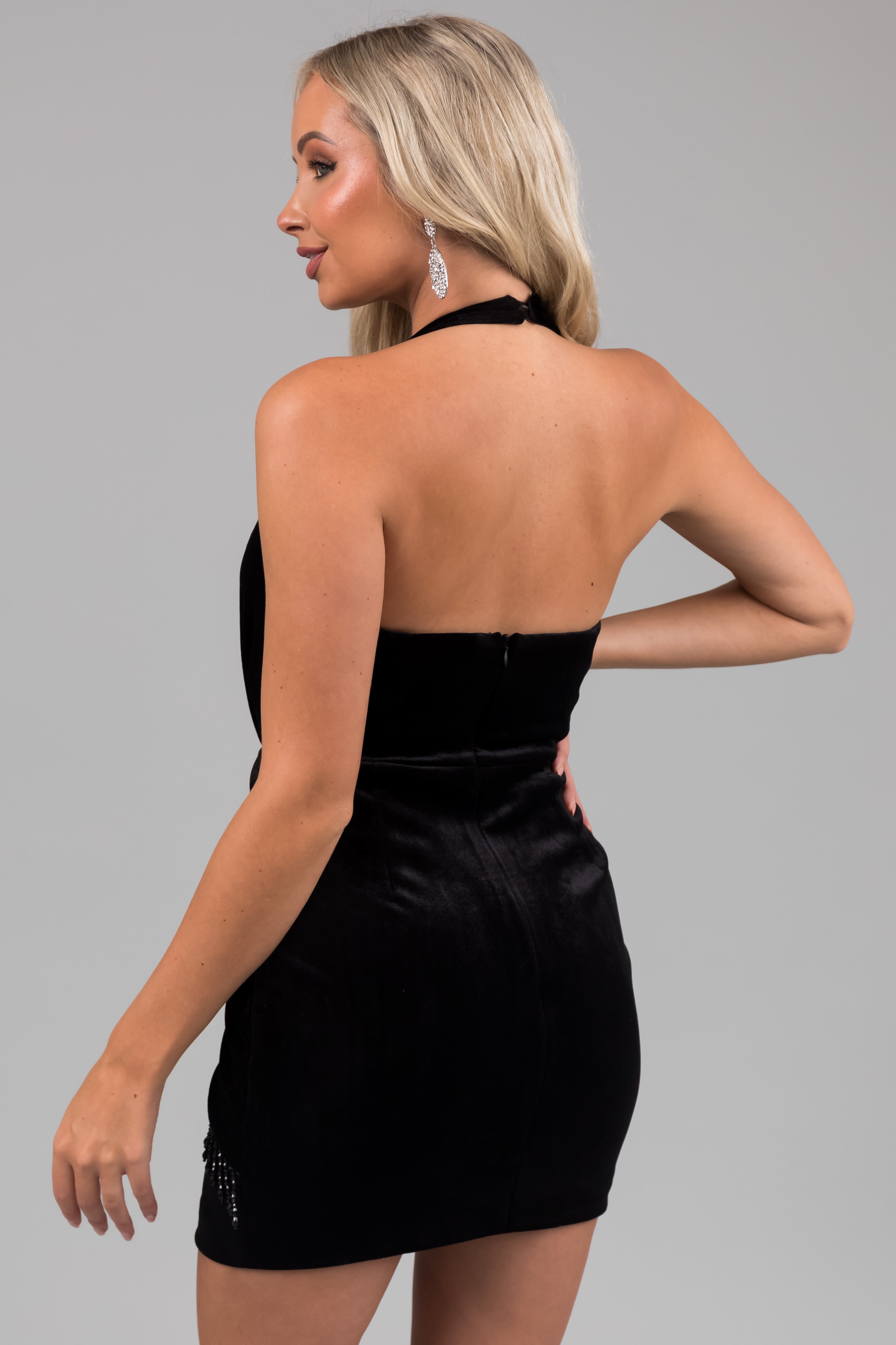 Black Velvet Halter Neckline Mini Dress