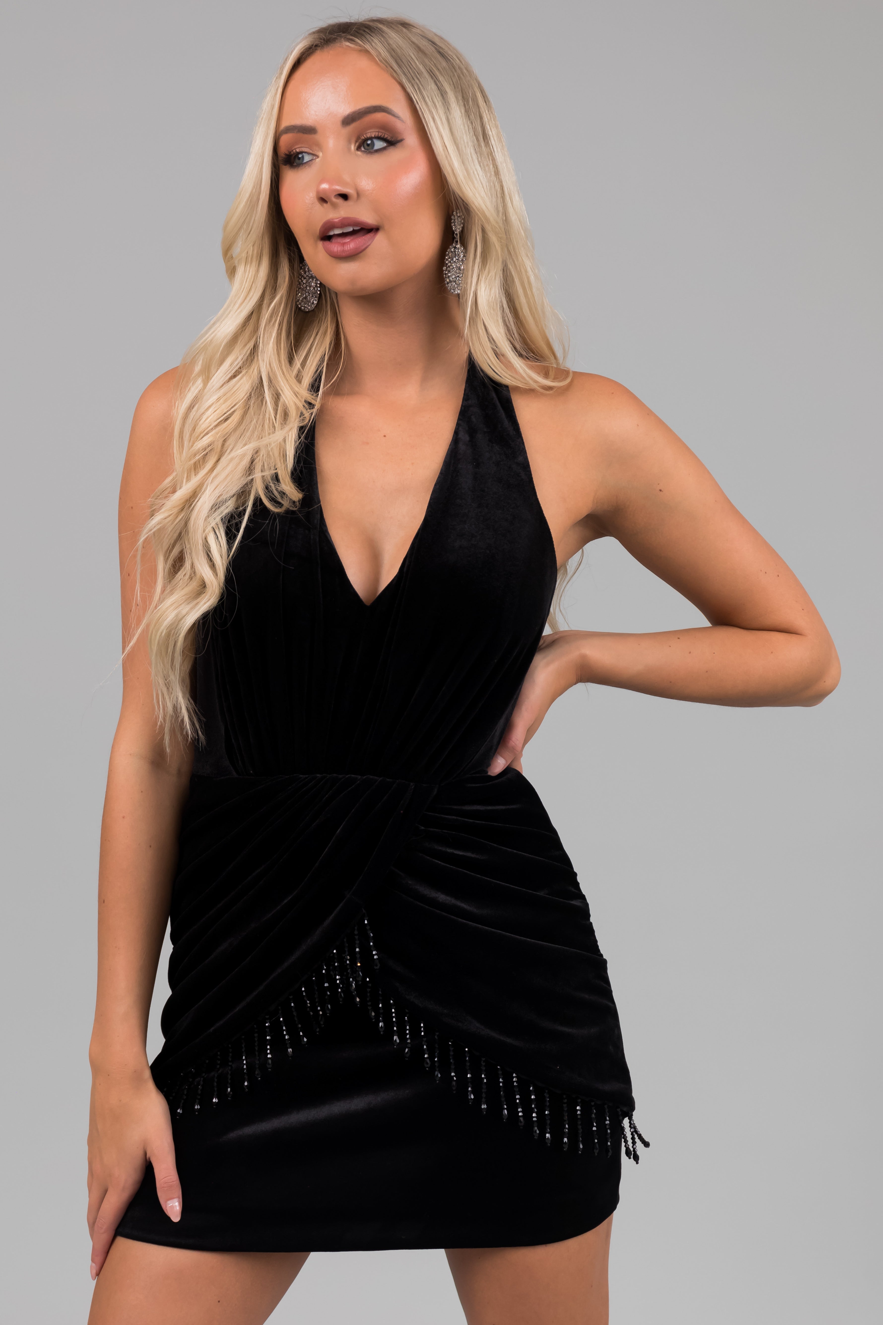 Black Velvet Halter Neckline Mini Dress | Lime Lush Boutique