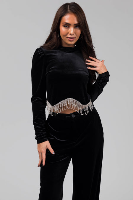 Black Velvet Long Sleeve Rhinestone Trim Top