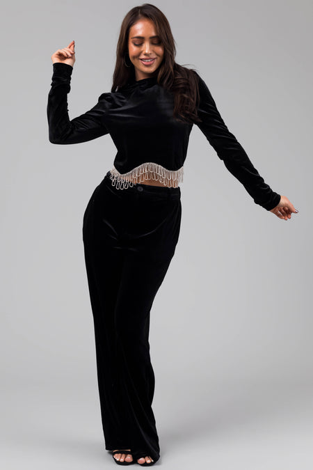 Black Velvet Long Sleeve Rhinestone Trim Top