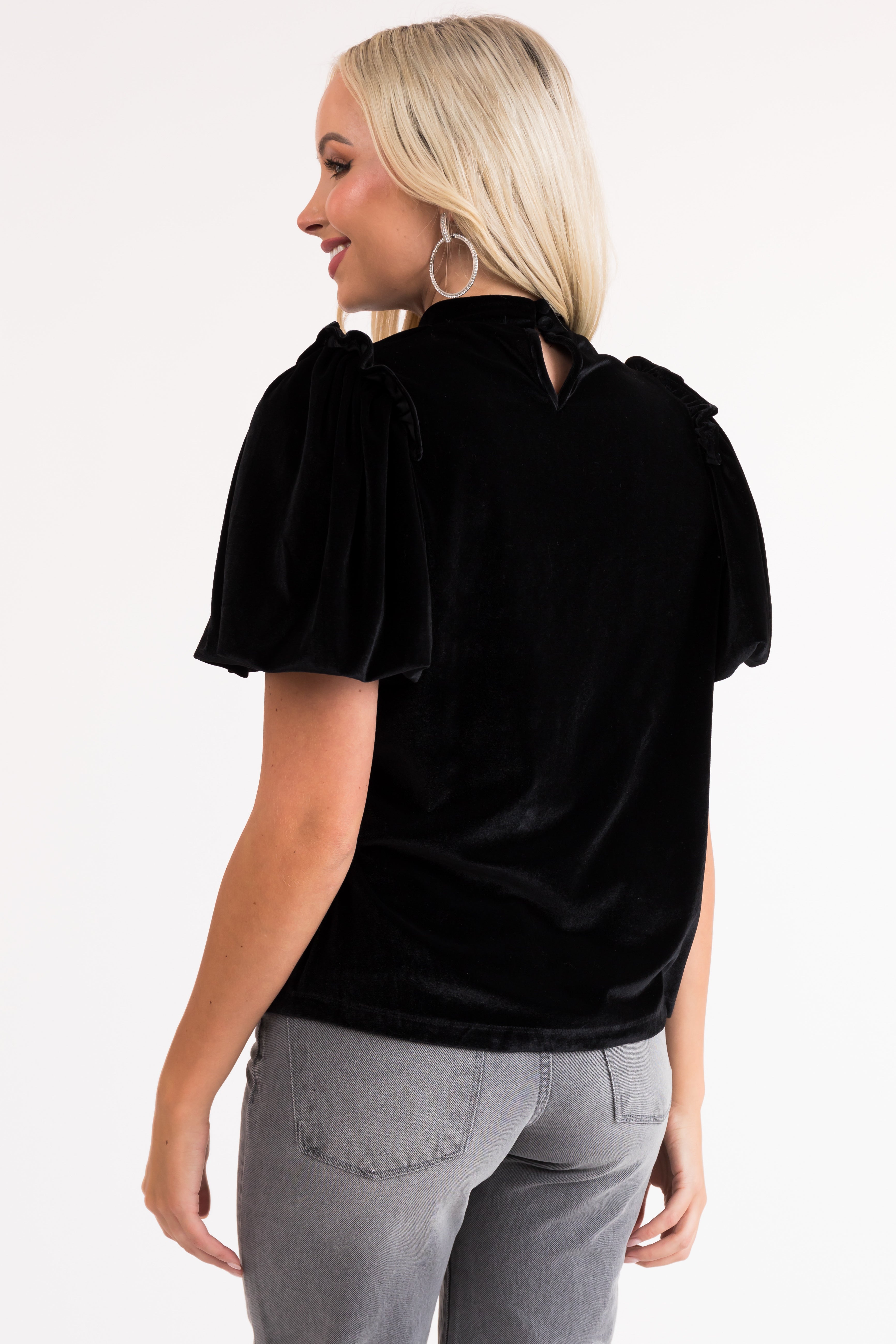 Black Velvet Puff Sleeve Top with Keyhole Back