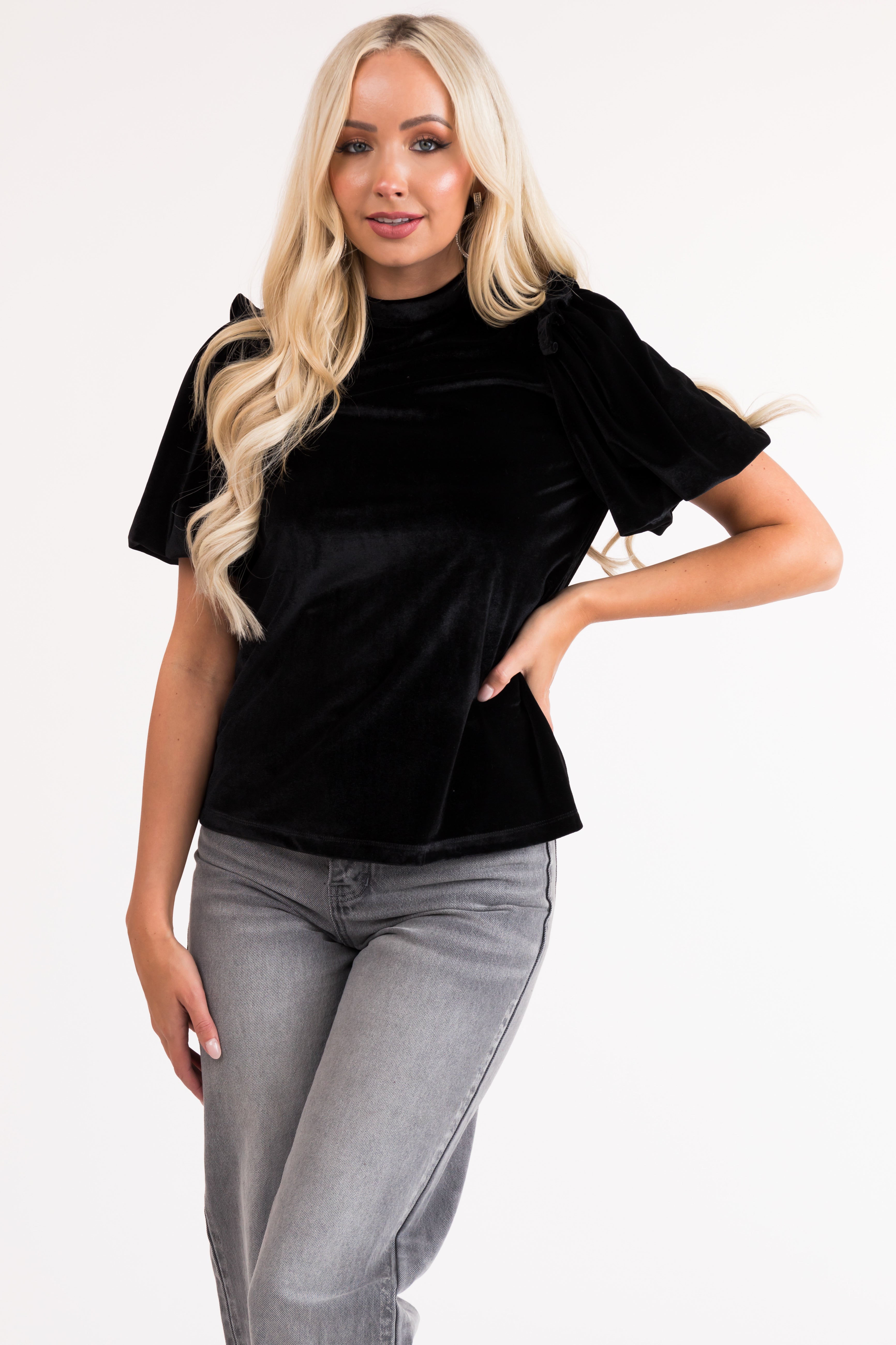 Black Velvet Puff Sleeve Top with Keyhole Back