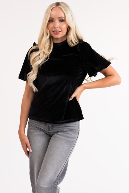 Black Velvet Puff Sleeve Top with Keyhole Back