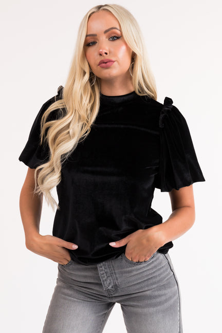 Black Velvet Puff Sleeve Top with Keyhole Back