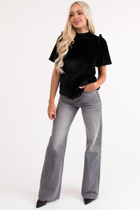 Black Velvet Puff Sleeve Top with Keyhole Back