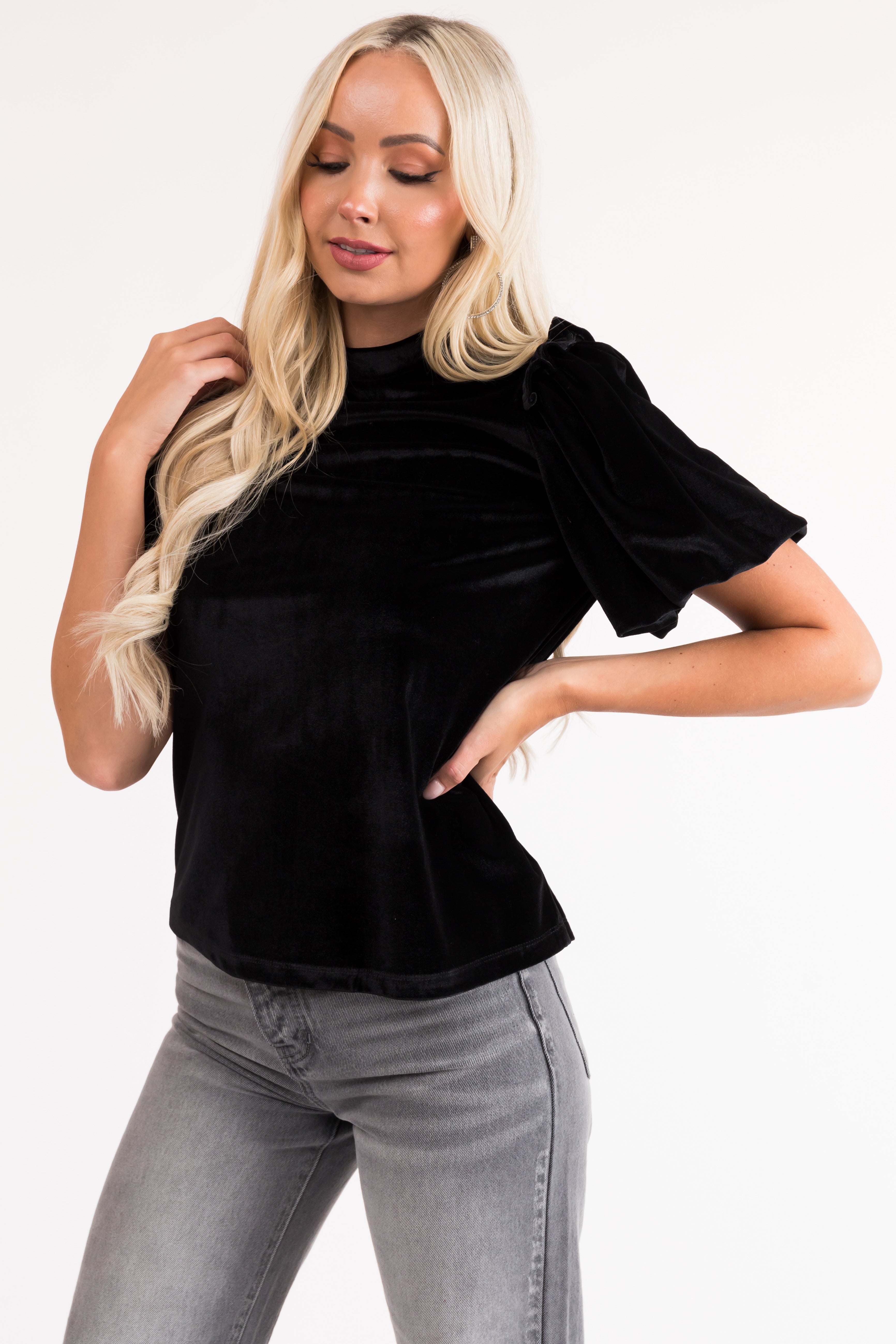 Black Velvet Puff Sleeve Top with Keyhole Back