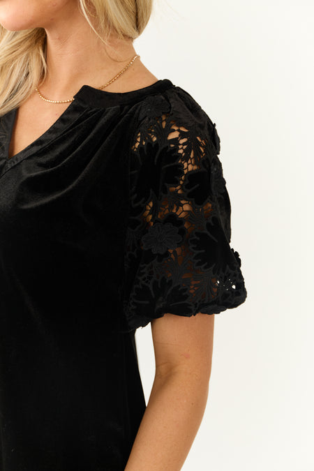 Black Velvet Short Lace Puff Sleeve Top