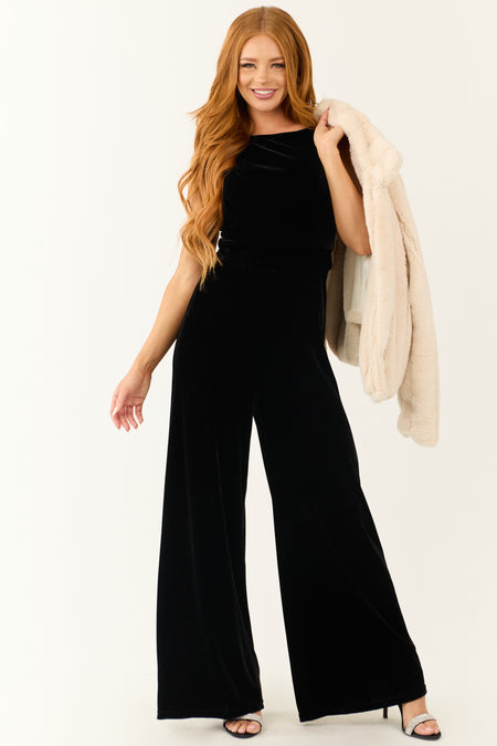 Black Velvet Sleeveless Wide Leg Jumpsuit