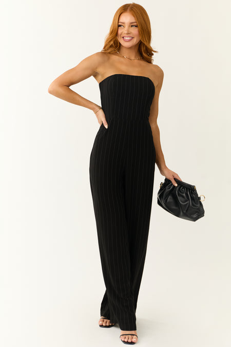 Black Vertical Pinstripe Strapless Jumpsuit