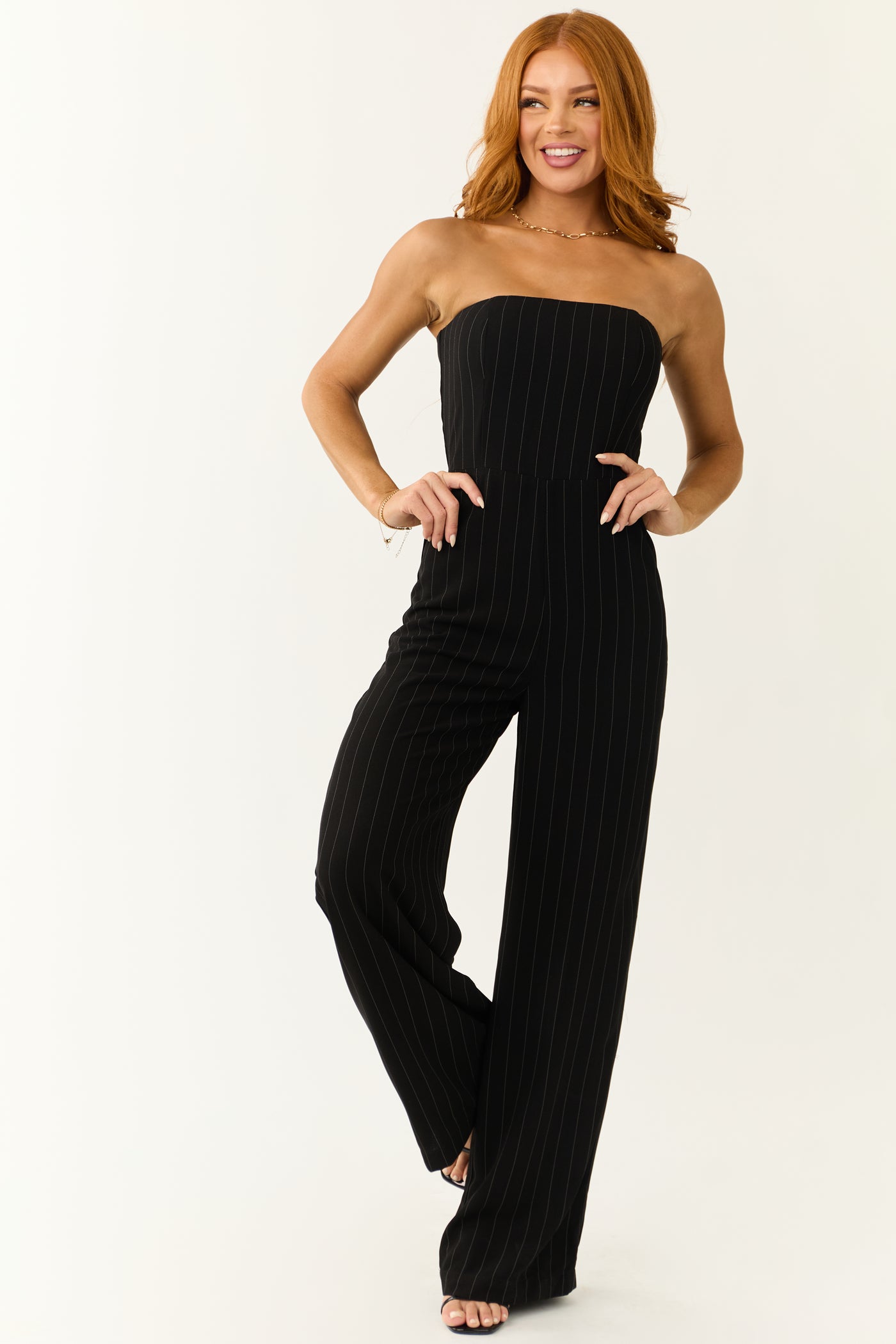 Black Vertical Pinstripe Strapless Jumpsuit