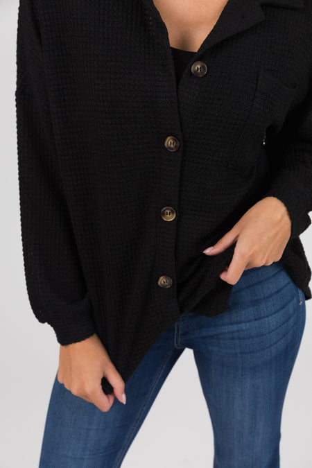 Black Waffle Knit Button Up Shacket