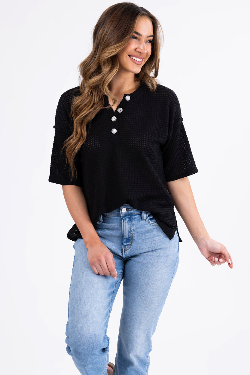 Black Waffle Knit Half Sleeve Button Top