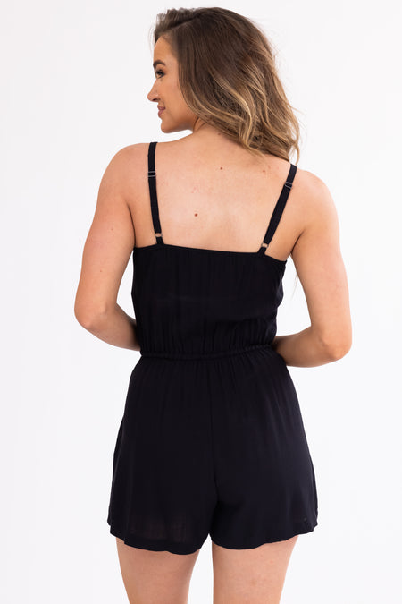 Black Waist Tie Sleeveless Romper